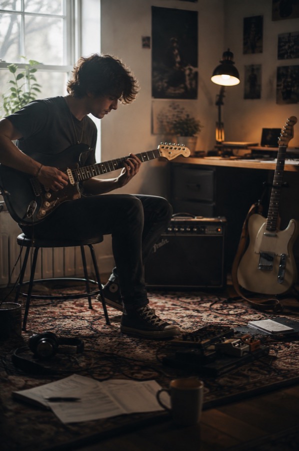Musiker mit E-Gitarre im Proberaum