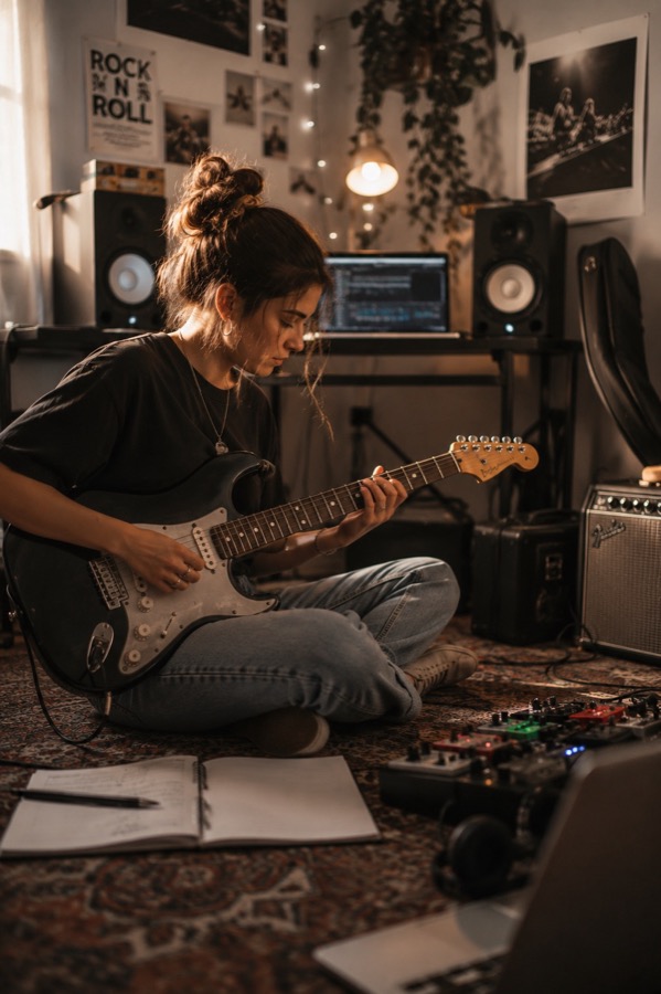 Musikerin übt mit E-Gitarre und Notizbuch